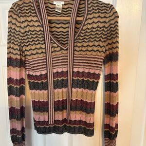 Cache V-Neck Sweater - Pink, Brown, Black Stripes